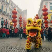 Drachen oder Löwe tanzen Show Barongsai im Feier Chinesisch Mond- Neu Jahr Festival. asiatisch traditionell Konzept durch ai generiert foto