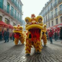 Drachen oder Löwe tanzen Show Barongsai im Feier Chinesisch Mond- Neu Jahr Festival. asiatisch traditionell Konzept durch ai generiert foto