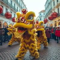 Drachen oder Löwe tanzen Show Barongsai im Feier Chinesisch Mond- Neu Jahr Festival. asiatisch traditionell Konzept durch ai generiert foto