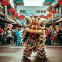 Drachen oder Löwe tanzen Show Barongsai im Feier Chinesisch Mond- Neu Jahr Festival. asiatisch traditionell Konzept durch ai generiert foto