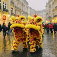 Drachen oder Löwe tanzen Show Barongsai im Feier Chinesisch Mond- Neu Jahr Festival. asiatisch traditionell Konzept durch ai generiert foto