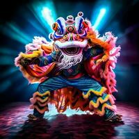 Drachen oder Löwe tanzen Show Barongsai im Feier Chinesisch Mond- Neu Jahr Festival. asiatisch traditionell Konzept durch ai generiert foto