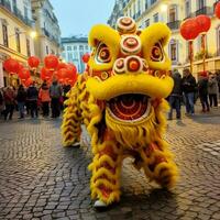 Drachen oder Löwe tanzen Show Barongsai im Feier Chinesisch Mond- Neu Jahr Festival. asiatisch traditionell Konzept durch ai generiert foto