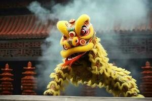 Drachen oder Löwe tanzen Show Barongsai im Feier Chinesisch Mond- Neu Jahr Festival. asiatisch traditionell Konzept durch ai generiert foto