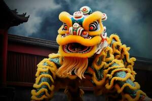 Drachen oder Löwe tanzen Show Barongsai im Feier Chinesisch Mond- Neu Jahr Festival. asiatisch traditionell Konzept durch ai generiert foto