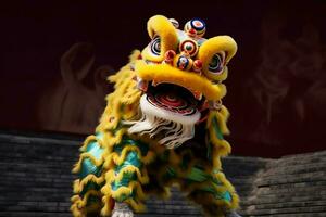 Drachen oder Löwe tanzen Show Barongsai im Feier Chinesisch Mond- Neu Jahr Festival. asiatisch traditionell Konzept durch ai generiert foto