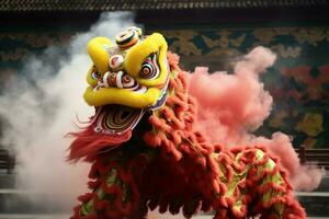 Drachen oder Löwe tanzen Show Barongsai im Feier Chinesisch Mond- Neu Jahr Festival. asiatisch traditionell Konzept durch ai generiert foto