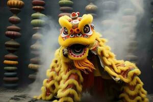 Drachen oder Löwe tanzen Show Barongsai im Feier Chinesisch Mond- Neu Jahr Festival. asiatisch traditionell Konzept durch ai generiert foto