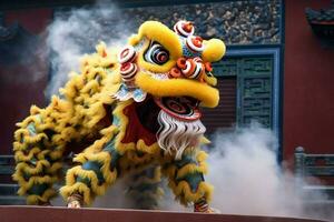 Drachen oder Löwe tanzen Show Barongsai im Feier Chinesisch Mond- Neu Jahr Festival. asiatisch traditionell Konzept durch ai generiert foto