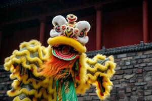 Drachen oder Löwe tanzen Show Barongsai im Feier Chinesisch Mond- Neu Jahr Festival. asiatisch traditionell Konzept durch ai generiert foto