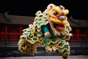 Drachen oder Löwe tanzen Show Barongsai im Feier Chinesisch Mond- Neu Jahr Festival. asiatisch traditionell Konzept durch ai generiert foto