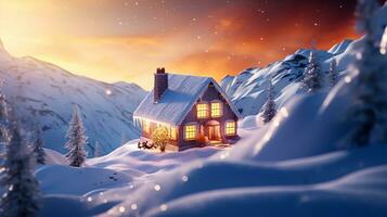 einstöckig Hütte im Winter, generativ ai foto