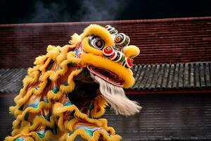 Drachen oder Löwe tanzen Show Barongsai im Feier Chinesisch Mond- Neu Jahr Festival. asiatisch traditionell Konzept durch ai generiert foto