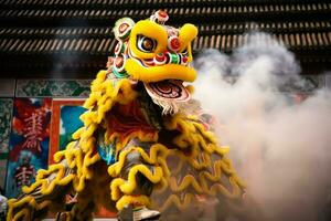 Drachen oder Löwe tanzen Show Barongsai im Feier Chinesisch Mond- Neu Jahr Festival. asiatisch traditionell Konzept durch ai generiert foto