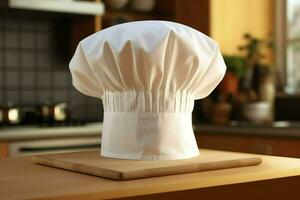 Weiß Koch Hut im das Küche Tabelle und Kopieren Raum zum Ihre Dekoration. Werbung Fotografie Konzept durch ai generiert foto