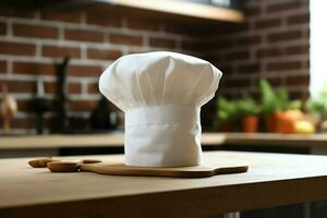 Weiß Koch Hut im das Küche Tabelle und Kopieren Raum zum Ihre Dekoration. Werbung Fotografie Konzept durch ai generiert foto