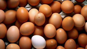 ein Menge Haufen von frisch Hähnchen Eier auf das hölzern, Nest oder Stroh Korb. Öko Eier Lebensmittel gesund Konzept durch ai generiert foto