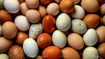 ein Menge Haufen von frisch Hähnchen Eier auf das hölzern, Nest oder Stroh Korb. Öko Eier Lebensmittel gesund Konzept durch ai generiert foto