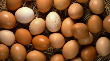 ein Menge Haufen von frisch Hähnchen Eier auf das hölzern, Nest oder Stroh Korb. Öko Eier Lebensmittel gesund Konzept durch ai generiert foto