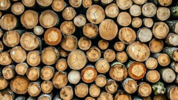 ein groß kreisförmig Stück von Holz, hölzern Kofferraum oder gestapelt Baum Holz zum Möbel Industrie. hölzern Log Konzept durch ai generiert foto