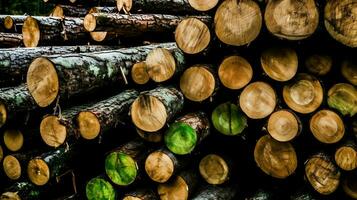 ein groß kreisförmig Stück von Holz, hölzern Kofferraum oder gestapelt Baum Holz zum Möbel Industrie. hölzern Log Konzept durch ai generiert foto