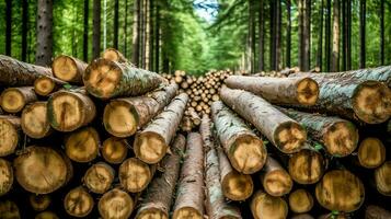 ein groß kreisförmig Stück von Holz, hölzern Kofferraum oder gestapelt Baum Holz zum Möbel Industrie. hölzern Log Konzept durch ai generiert foto