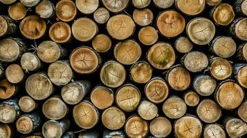 ein groß kreisförmig Stück von Holz, hölzern Kofferraum oder gestapelt Baum Holz zum Möbel Industrie. hölzern Log Konzept durch ai generiert foto