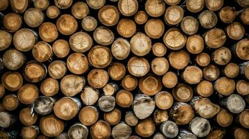 ein groß kreisförmig Stück von Holz, hölzern Kofferraum oder gestapelt Baum Holz zum Möbel Industrie. hölzern Log Konzept durch ai generiert foto