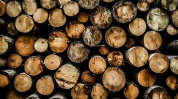 ein groß kreisförmig Stück von Holz, hölzern Kofferraum oder gestapelt Baum Holz zum Möbel Industrie. hölzern Log Konzept durch ai generiert foto