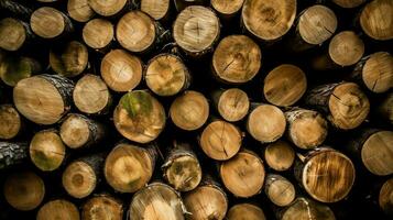 ein groß kreisförmig Stück von Holz, hölzern Kofferraum oder gestapelt Baum Holz zum Möbel Industrie. hölzern Log Konzept durch ai generiert foto