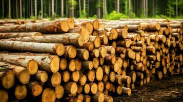 ein groß kreisförmig Stück von Holz, hölzern Kofferraum oder gestapelt Baum Holz zum Möbel Industrie. hölzern Log Konzept durch ai generiert foto