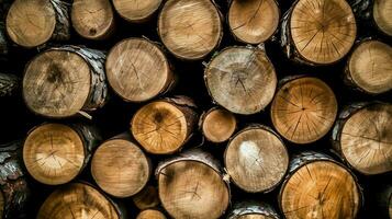 ein groß kreisförmig Stück von Holz, hölzern Kofferraum oder gestapelt Baum Holz zum Möbel Industrie. hölzern Log Konzept durch ai generiert foto