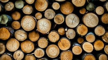 ein groß kreisförmig Stück von Holz, hölzern Kofferraum oder gestapelt Baum Holz zum Möbel Industrie. hölzern Log Konzept durch ai generiert foto