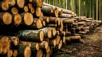 ein groß kreisförmig Stück von Holz, hölzern Kofferraum oder gestapelt Baum Holz zum Möbel Industrie. hölzern Log Konzept durch ai generiert foto