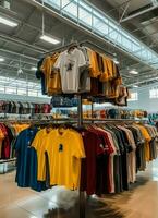 Reihe von modisch Polo T-Shirts zum Mann auf hölzern Aufhänger oder Gestell im ein Kleidung Boutique Verkauf Geschäft Konzept durch ai generiert foto