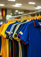 Reihe von modisch Polo T-Shirts zum Mann auf hölzern Aufhänger oder Gestell im ein Kleidung Boutique Verkauf Geschäft Konzept durch ai generiert foto