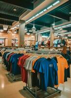 Reihe von modisch Polo T-Shirts zum Mann auf hölzern Aufhänger oder Gestell im ein Kleidung Boutique Verkauf Geschäft Konzept durch ai generiert foto