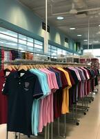 Reihe von modisch Polo T-Shirts zum Mann auf hölzern Aufhänger oder Gestell im ein Kleidung Boutique Verkauf Geschäft Konzept durch ai generiert foto