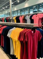 Reihe von modisch Polo T-Shirts zum Mann auf hölzern Aufhänger oder Gestell im ein Kleidung Boutique Verkauf Geschäft Konzept durch ai generiert foto