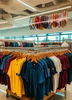 Reihe von modisch Polo T-Shirts zum Mann auf hölzern Aufhänger oder Gestell im ein Kleidung Boutique Verkauf Geschäft Konzept durch ai generiert foto