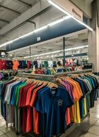 Reihe von modisch Polo T-Shirts zum Mann auf hölzern Aufhänger oder Gestell im ein Kleidung Boutique Verkauf Geschäft Konzept durch ai generiert foto