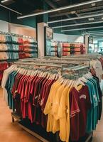 Reihe von modisch Polo T-Shirts zum Mann auf hölzern Aufhänger oder Gestell im ein Kleidung Boutique Verkauf Geschäft Konzept durch ai generiert foto