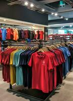 Reihe von modisch Polo T-Shirts zum Mann auf hölzern Aufhänger oder Gestell im ein Kleidung Boutique Verkauf Geschäft Konzept durch ai generiert foto