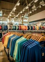 Reihe von modisch Polo T-Shirts zum Mann auf hölzern Aufhänger oder Gestell im ein Kleidung Boutique Verkauf Geschäft Konzept durch ai generiert foto