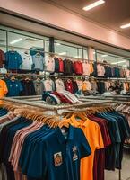 Reihe von modisch Polo T-Shirts zum Mann auf hölzern Aufhänger oder Gestell im ein Kleidung Boutique Verkauf Geschäft Konzept durch ai generiert foto