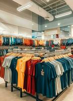 Reihe von modisch Polo T-Shirts zum Mann auf hölzern Aufhänger oder Gestell im ein Kleidung Boutique Verkauf Geschäft Konzept durch ai generiert foto