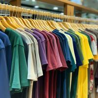 Reihe von modisch Polo T-Shirts zum Mann auf hölzern Aufhänger oder Gestell im ein Kleidung Boutique Verkauf Geschäft Konzept durch ai generiert foto