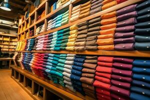 Reihe von modisch Polo T-Shirts zum Mann auf hölzern Aufhänger oder Gestell im ein Kleidung Boutique Verkauf Geschäft Konzept durch ai generiert foto