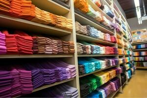 Reihe von modisch Polo T-Shirts zum Mann auf hölzern Aufhänger oder Gestell im ein Kleidung Boutique Verkauf Geschäft Konzept durch ai generiert foto