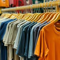 Reihe von modisch Polo T-Shirts zum Mann auf hölzern Aufhänger oder Gestell im ein Kleidung Boutique Verkauf Geschäft Konzept durch ai generiert foto